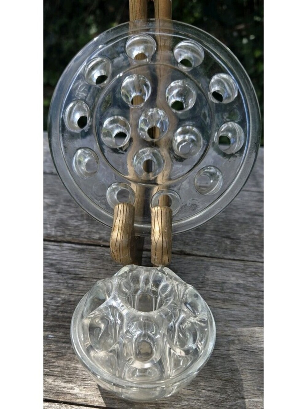 Set Of 2 Clear Glass Round Floral Frogs. 5" 16 Holes & 3" 9 Holes